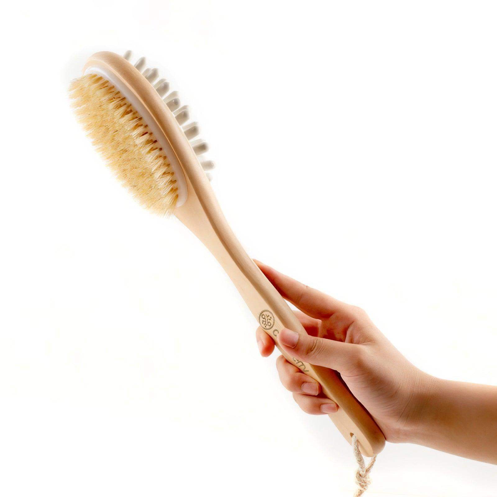 Careberry natural body brush showing dual-action massage knobs and soft bristles for body care on neutral background.