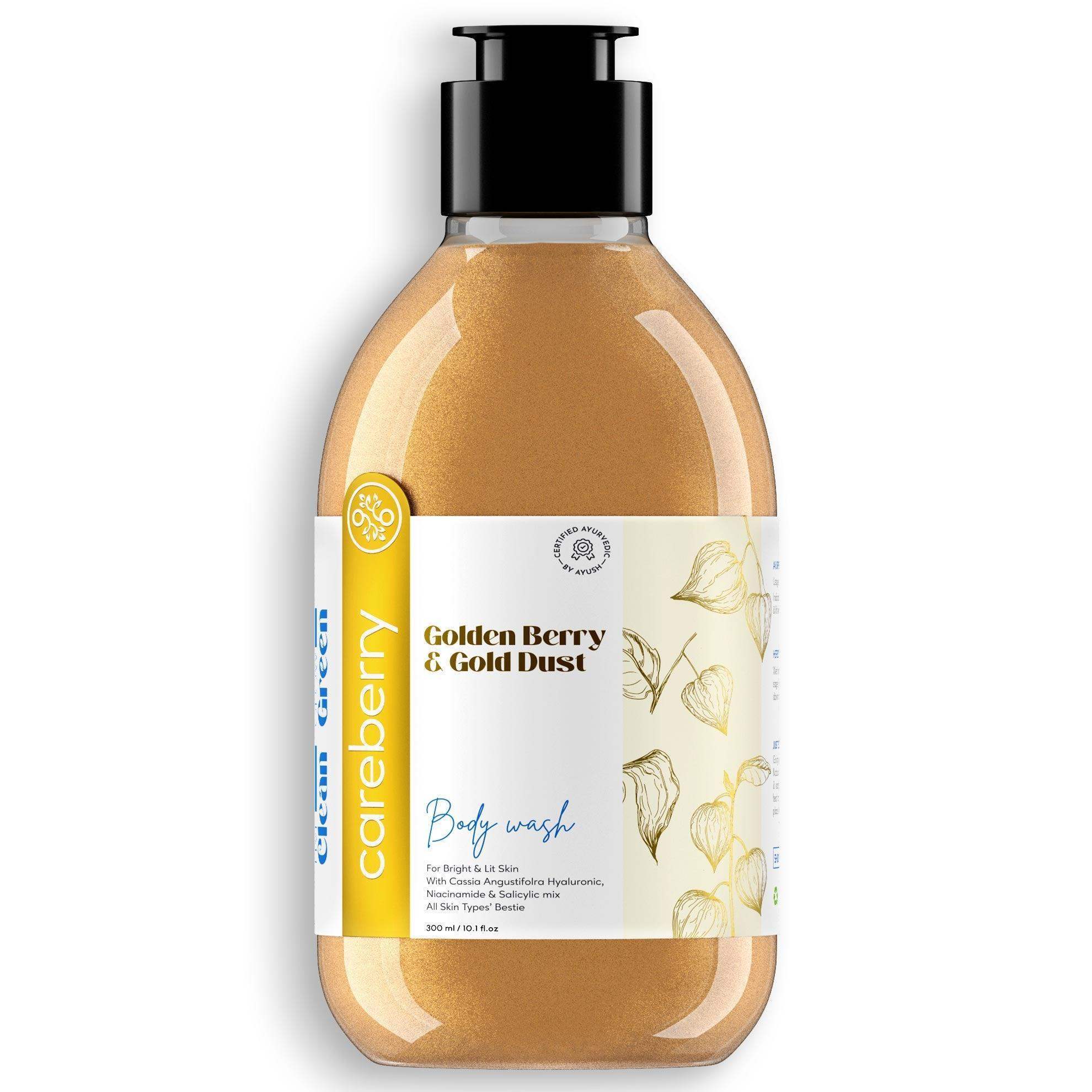 Careberry natural Golden Berry & Gold Dust body wash 300ml bottle with black pump and cream label featuring golden formula on white background with shadow.