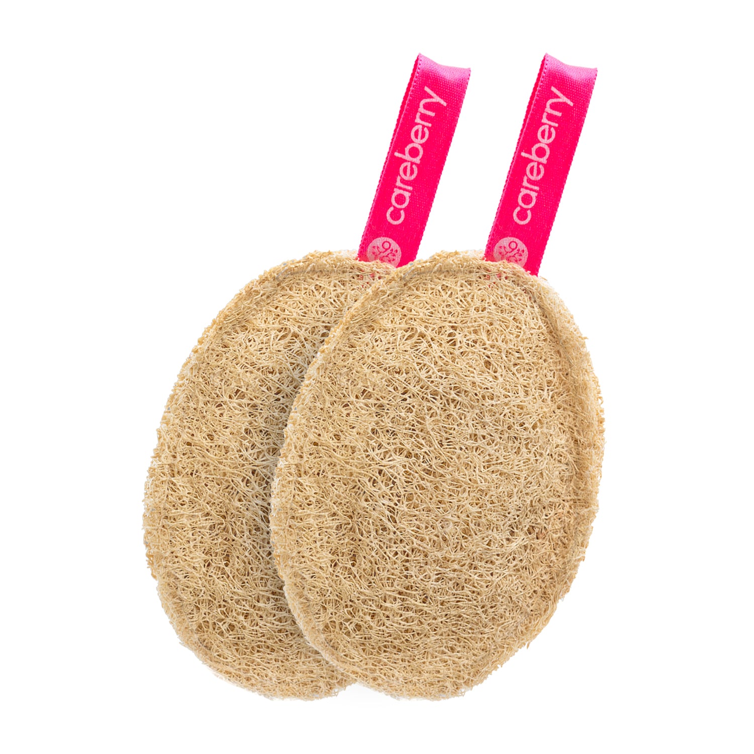 A natural beige loofah sponge with a pink handle, branded with the Careberry logo, against a blue background.