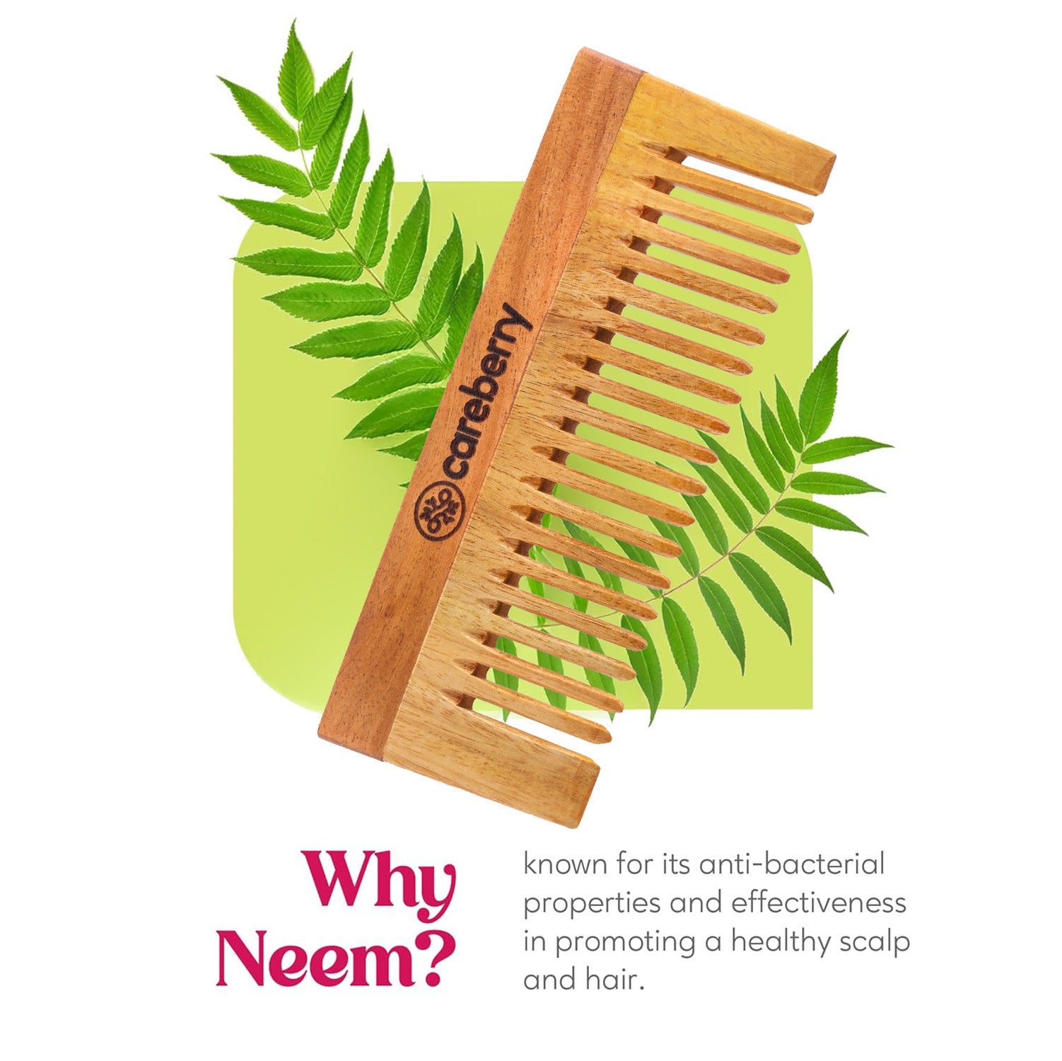 Careberry natural wooden neem comb with fine-spaced teeth and branded wooden handle on neutral background, featuring premium Ayurvedic hair care design.