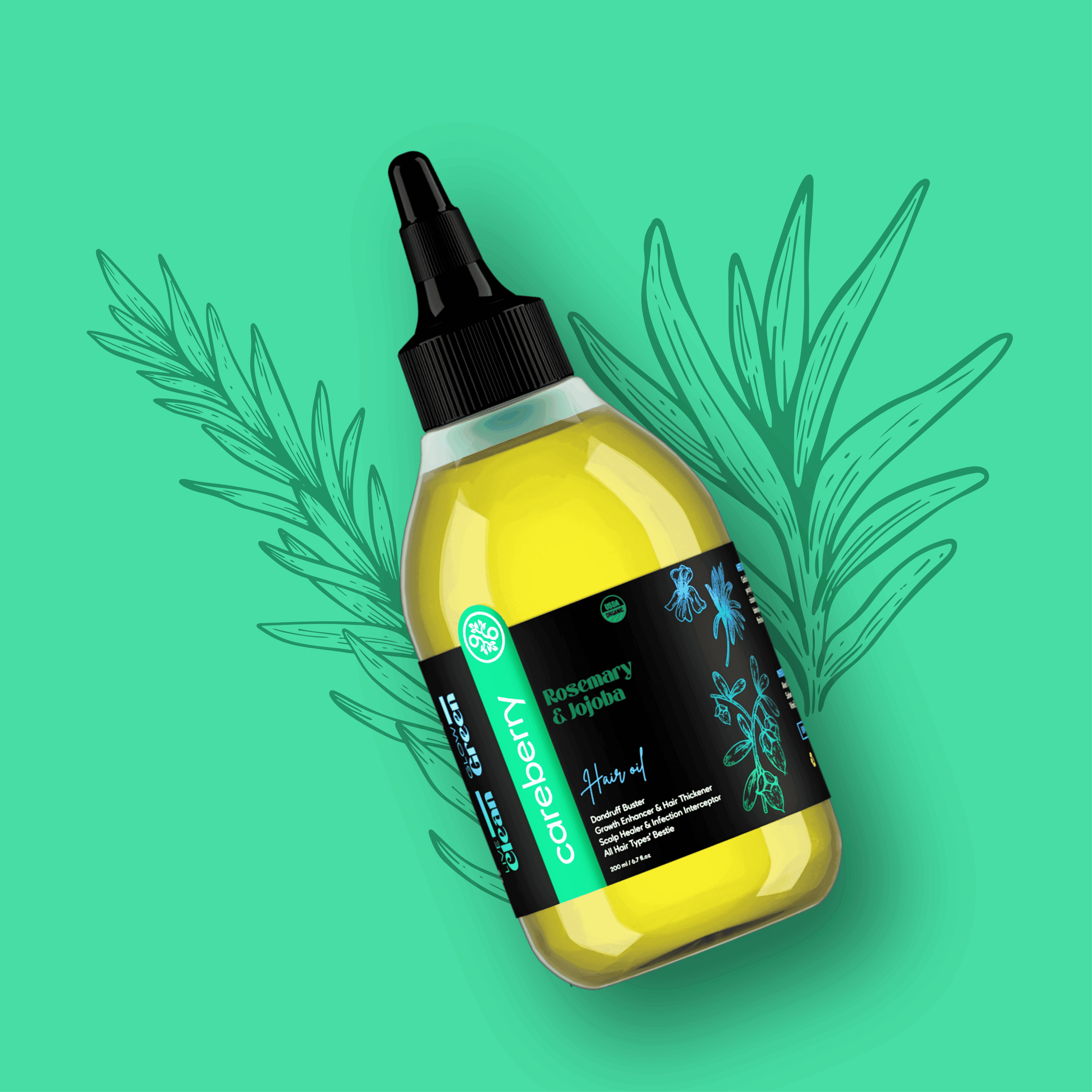 Bottle of Careberry Rosemary & Jojoba Hair Oil on green background, cold-pressed anti-dandruff hair oil for hair growth, stronger roots, and hydrated scalp with Ayurvedic ingredients.