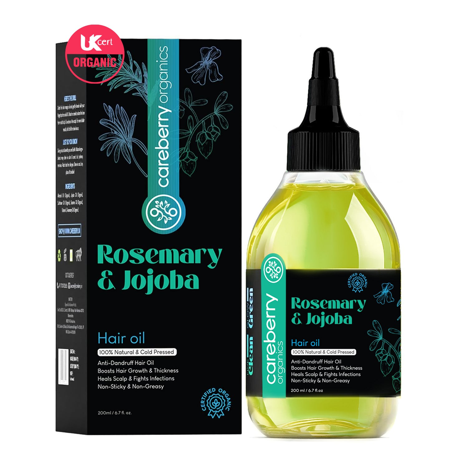 Front view of Careberry Rosemary & Jojoba Hair Oil bottle with product box, showcasing organic anti-dandruff and hair-growth formulation.