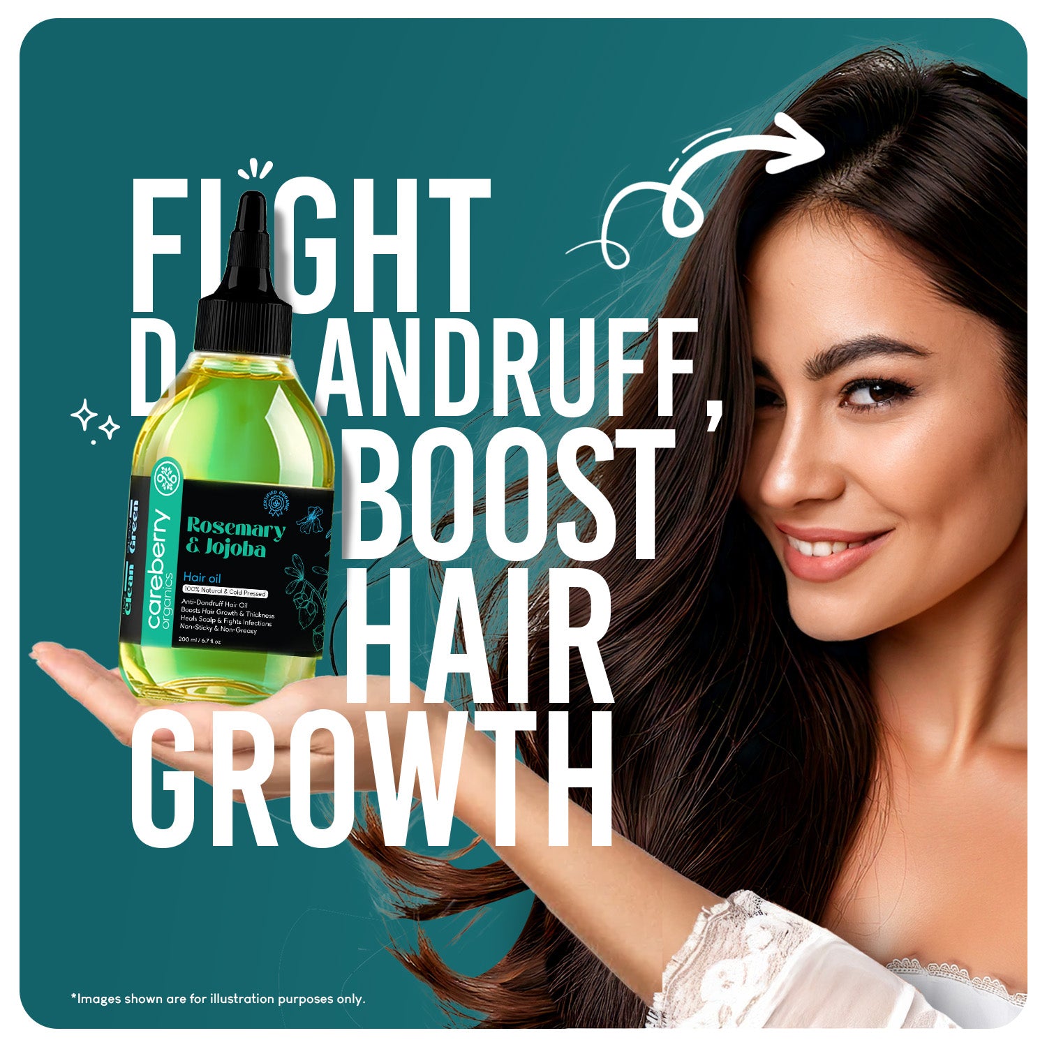 Model with healthy shiny hair holding Careberry Rosemary & Jojoba Hair Oil, demonstrating its anti-dandruff, hair growth, and scalp-strengthening benefits.