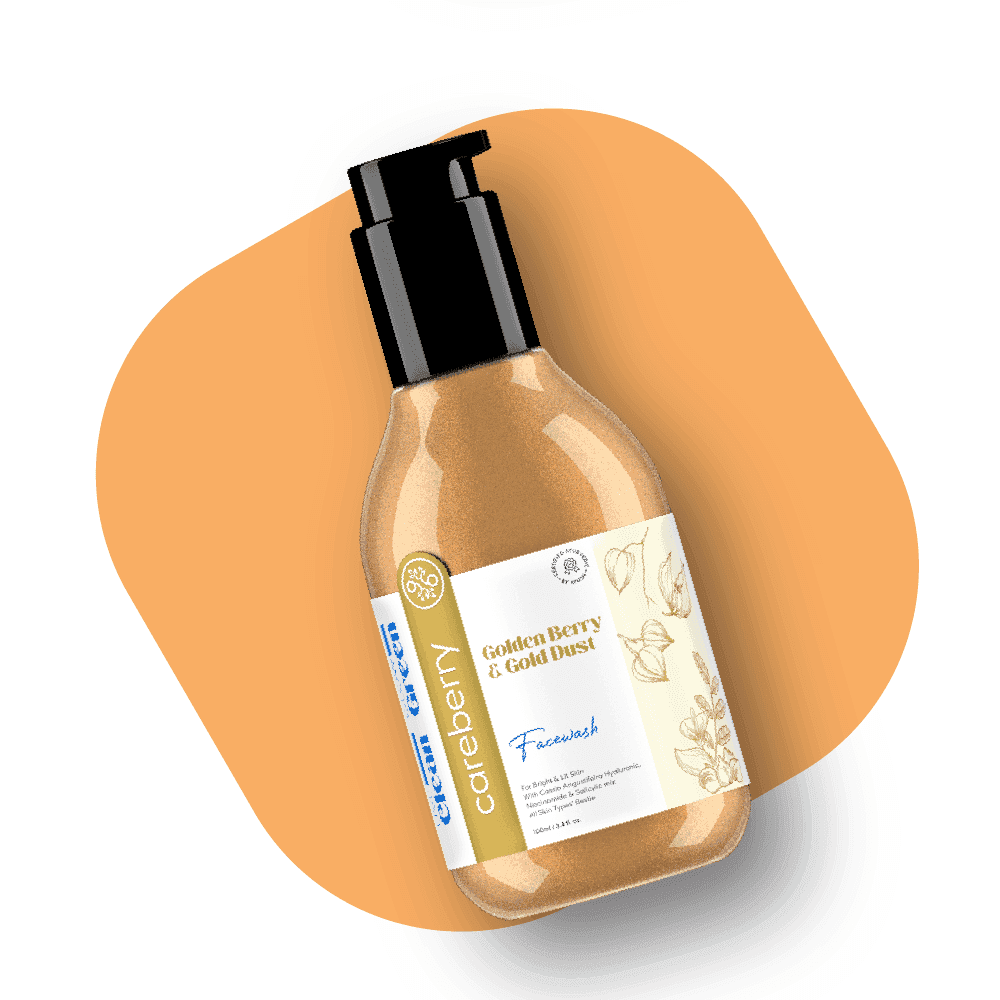 Careberry natural Golden Berry & Gold Dust face wash 100ml bottle with black pump dispenser and botanical label on clean white background.