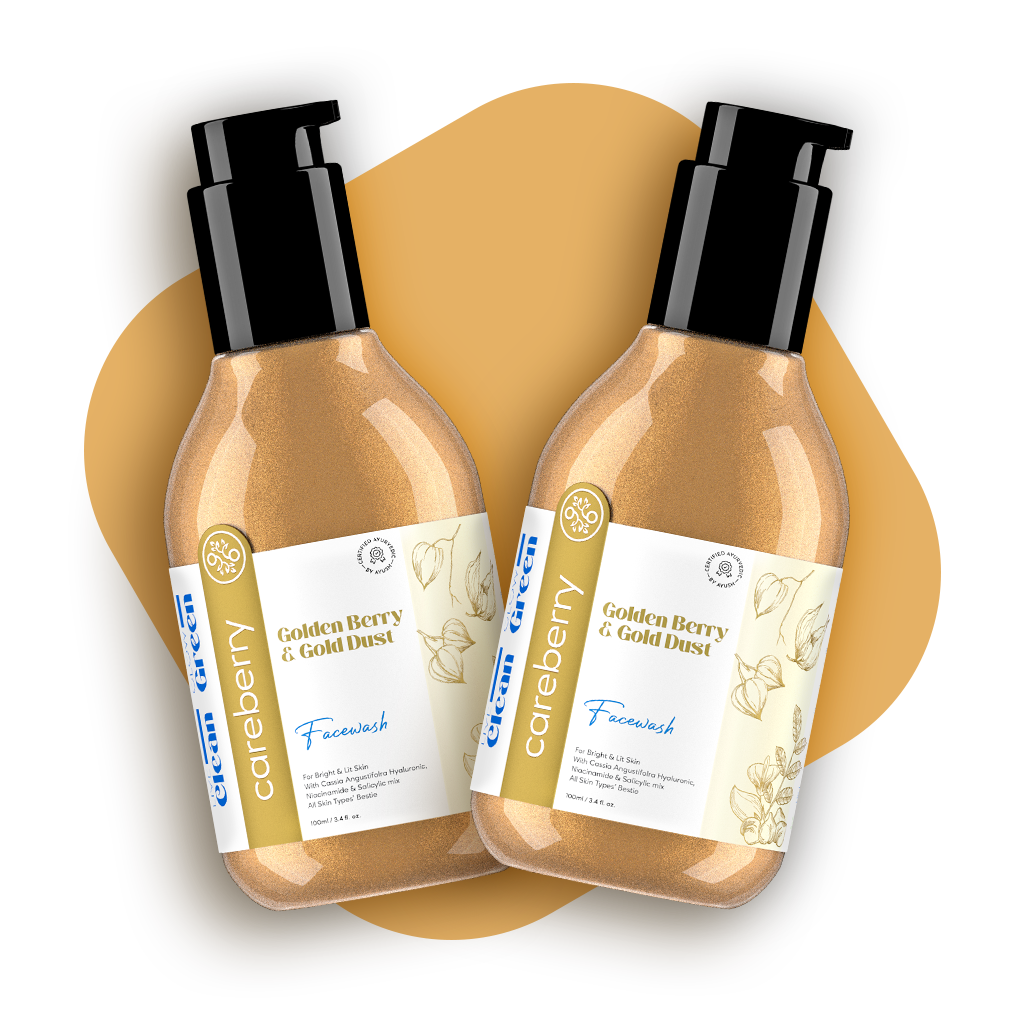  Careberry Golden Berry & Gold Dust face wash displaying key benefits including niacinamide, salicylic acid, sandalwood, honey, and aloe vera properties.