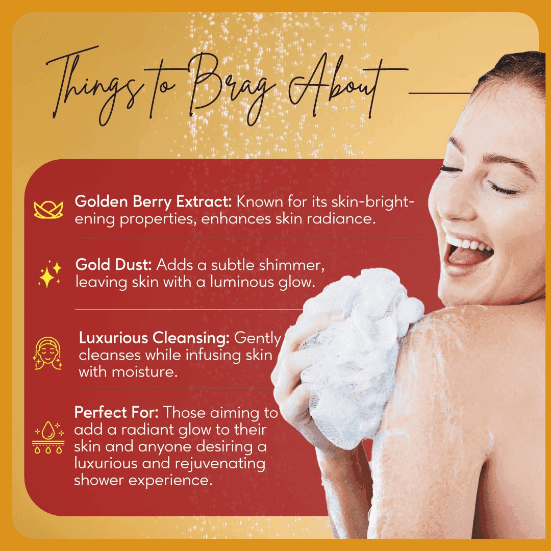  Careberry Golden Berry & Gold Dust body wash infographic on gold and red background displaying key benefits including skin brightening, gold shimmer, luxurious cleansing, and perfect for radiant glow.