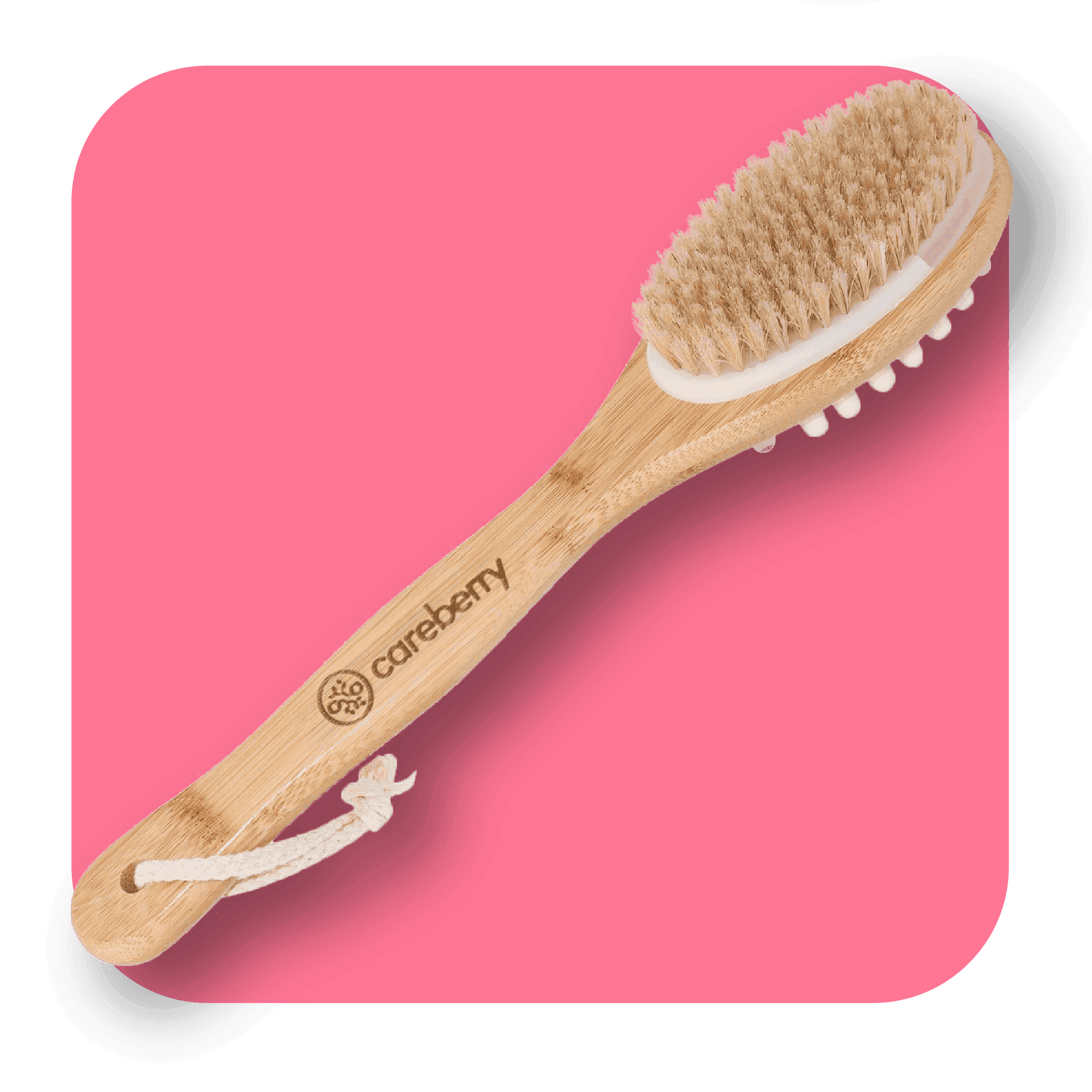 Careberry natural body brush with wooden handle and white bristles centered on bright pink background, eco-friendly bath tool.