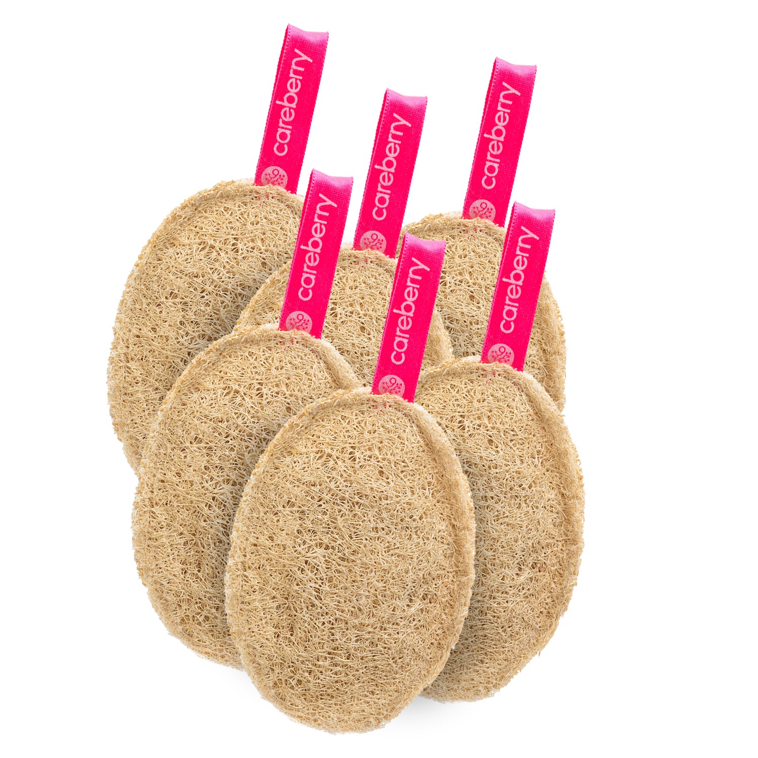  Six oval Careberry natural plant-fiber bath loofahs closely grouped with vivid pink hanging ribbons, showcasing bulk eco-friendly exfoliating set.