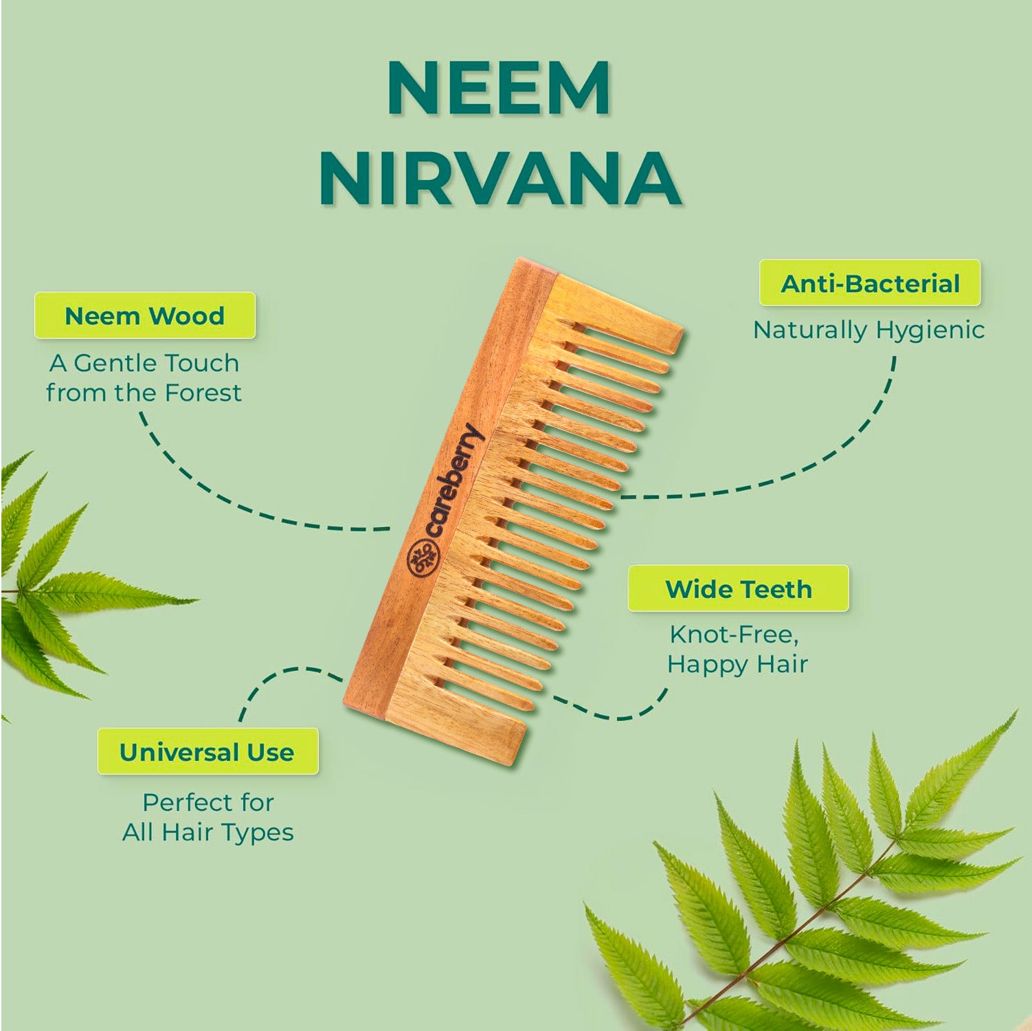 Careberry neem wood comb with wide teeth showing anti-bacterial, universal use, and scalp-friendly benefits on a green background.