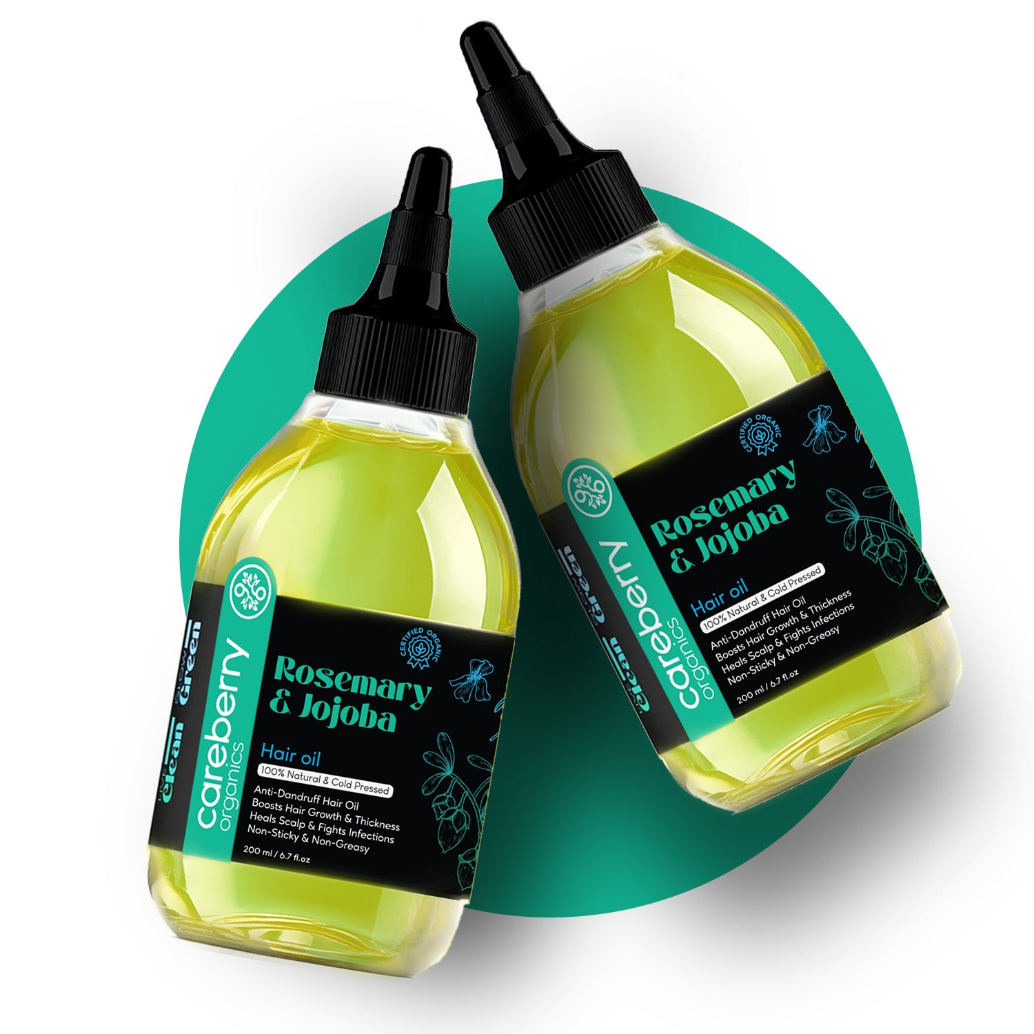 Two Careberry Rosemary and Jojoba Hair Oil bottles displayed on a teal background, highlighting anti-dandruff, scalp-healing, and hair-growth benefits.