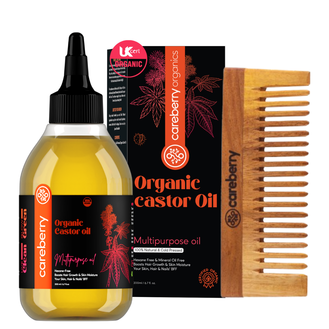 Careberry Organic Castor Oil bottle with neem wood comb and outer packaging, a natural bundle for hair growth, scalp nourishment, and detangling.