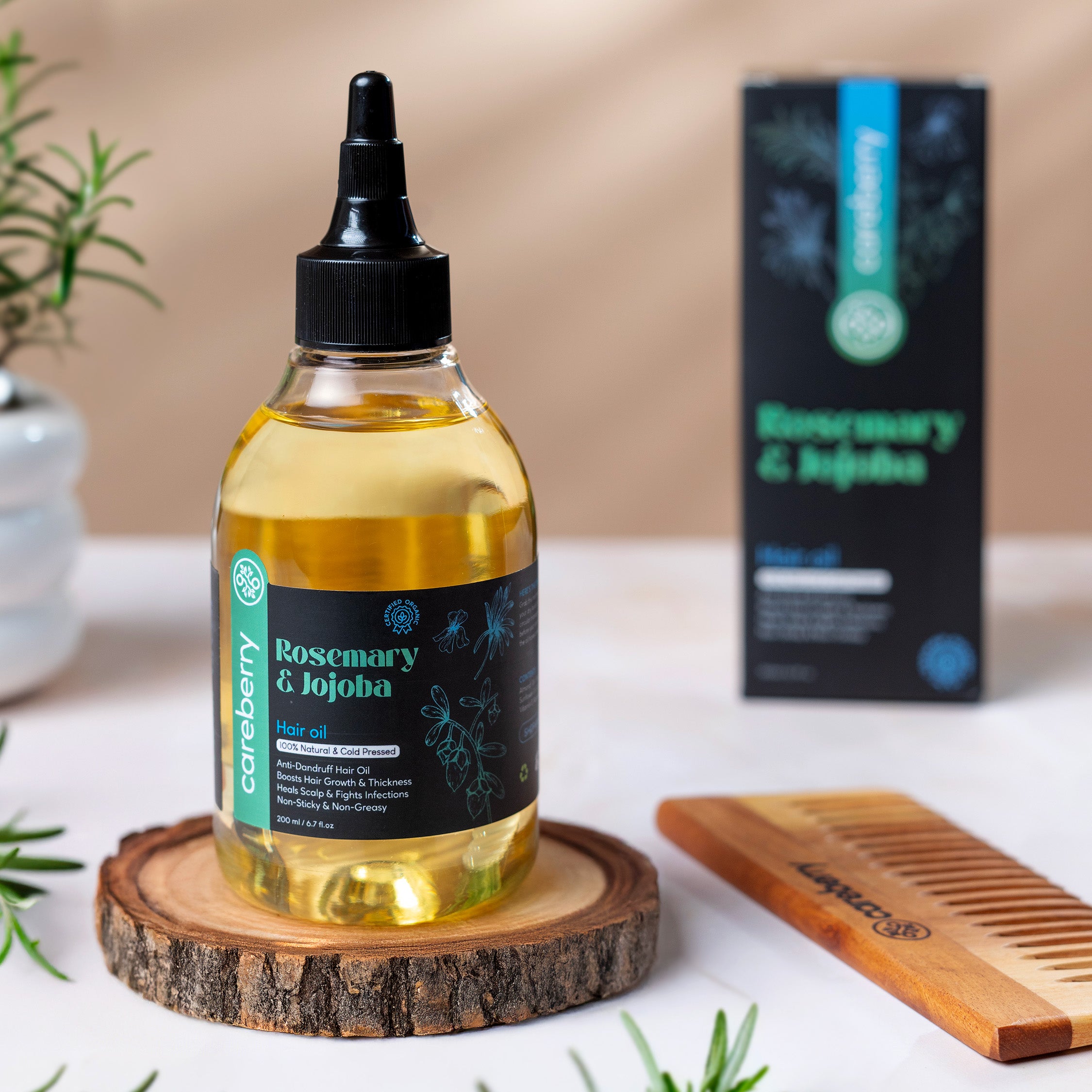 Organic Rosemary & Jojoba Hair Oil with Scalp Massager-100% Cold Pressed, UKCert Certified Organic & Ayush Certified Ayurvedic | 200ml